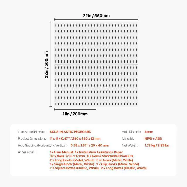 Alt view image 8 of 8 - VEVOR Pegboard Combination Kit, 11" x 11" Plastic Pegboard, 4 Panels, Peg Board Wall Organizer Kit with Accessories, for Garage Tool Storage Kitchen Living Room Craft Room Office Bathroom Home, White