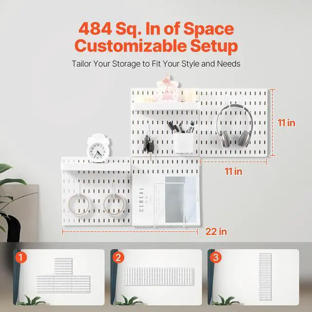 Alt view image 5 of 8 - VEVOR Pegboard Combination Kit, 11" x 11" Plastic Pegboard, 4 Panels, Peg Board Wall Organizer Kit with Accessories, for Garage Tool Storage Kitchen Living Room Craft Room Office Bathroom Home, White