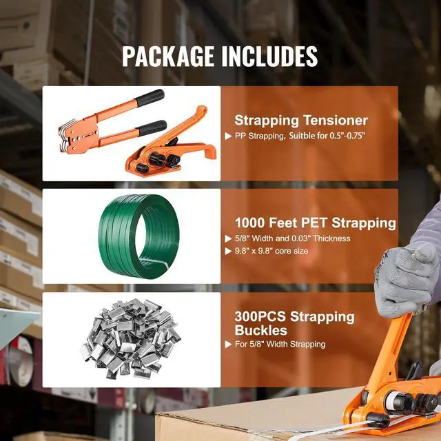 Alt view image 9 of 14 - VEVOR Banding Strapping Kit with Strapping Tensioner Tool, Banding Sealer Tool, 300 Metal Seals, 1000ft Length PET Band, Pallet Packaging Strapping Banding Kit Banding Packaging Strapping for Packing