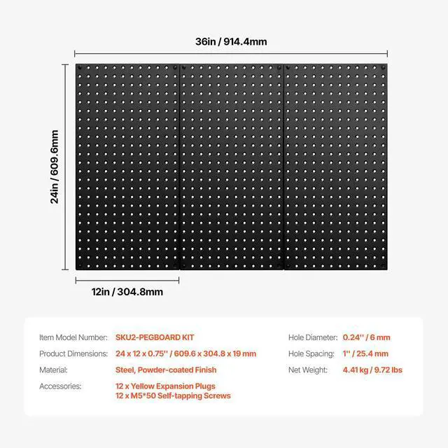 Alt view image 14 of 14 - VEVOR Metal Pegboard Panels 3 Pcs 24" x 12" Wall Organizer for Garage Tool Storage