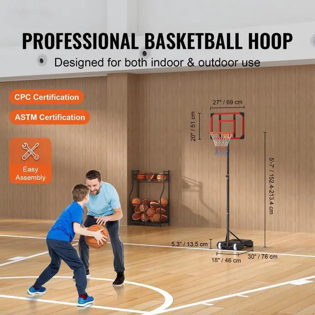 Alt view image 3 of 8 - VEVOR Basketball Hoop, 5-7 ft Adjustable Height Portable Backboard System, 28 inch Basketball Hoop & Goal, Kids & Adults Basketball Set with Wheels, Stand, and Fillable Base, for Outdoor/Indoor
