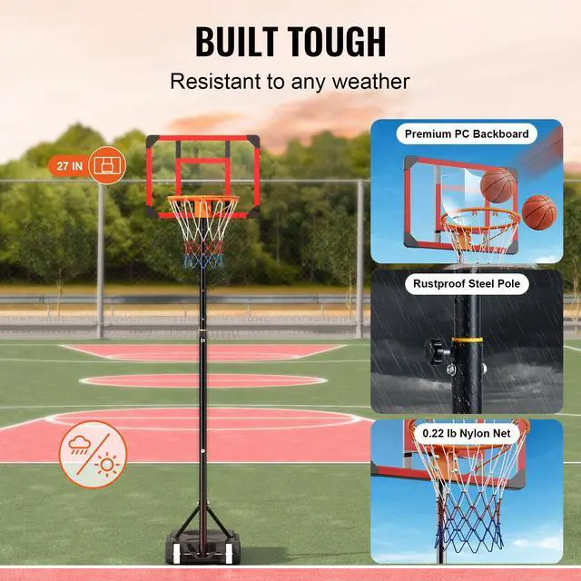 Alt view image 6 of 8 - VEVOR Basketball Hoop, 5-7 ft Adjustable Height Portable Backboard System, 28 inch Basketball Hoop & Goal, Kids & Adults Basketball Set with Wheels, Stand, and Fillable Base, for Outdoor/Indoor