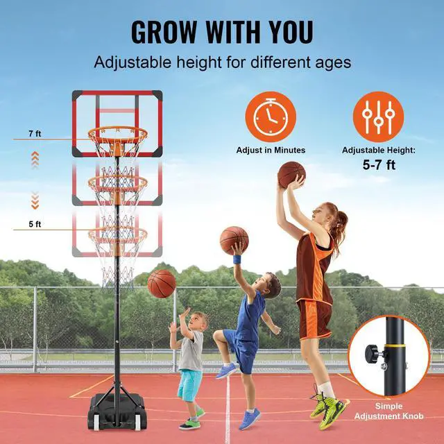 Alt view image 5 of 8 - VEVOR Basketball Hoop, 5-7 ft Adjustable Height Portable Backboard System, 28 inch Basketball Hoop & Goal, Kids & Adults Basketball Set with Wheels, Stand, and Fillable Base, for Outdoor/Indoor
