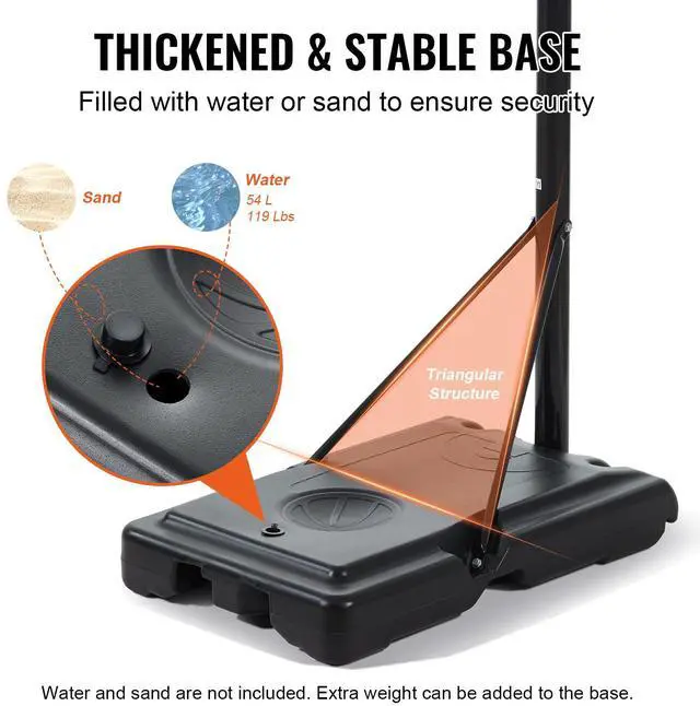 Alt view image 5 of 9 - VEVOR Basketball Hoop, 4-10 ft Adjustable Height Portable Backboard System, 44 inch Basketball Hoop & Goal, Kids & Adults Basketball Set with Wheels, Stand, and Fillable Base, for Outdoor/Indoor