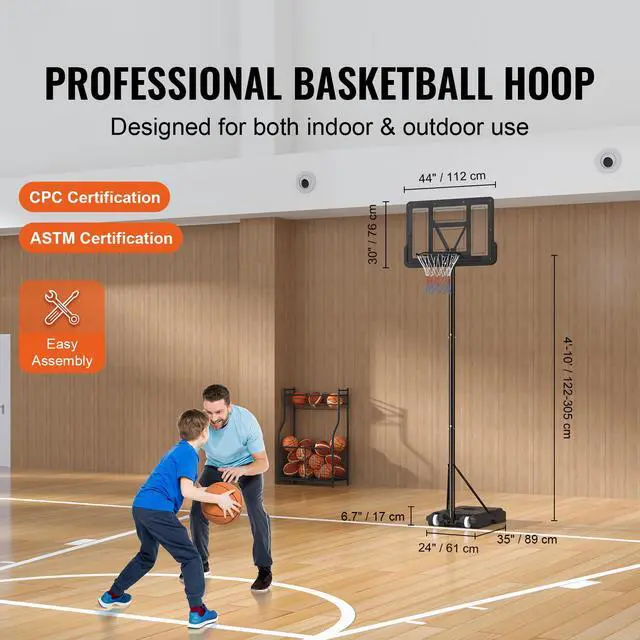Alt view image 4 of 9 - VEVOR Basketball Hoop, 4-10 ft Adjustable Height Portable Backboard System, 44 inch Basketball Hoop & Goal, Kids & Adults Basketball Set with Wheels, Stand, and Fillable Base, for Outdoor/Indoor