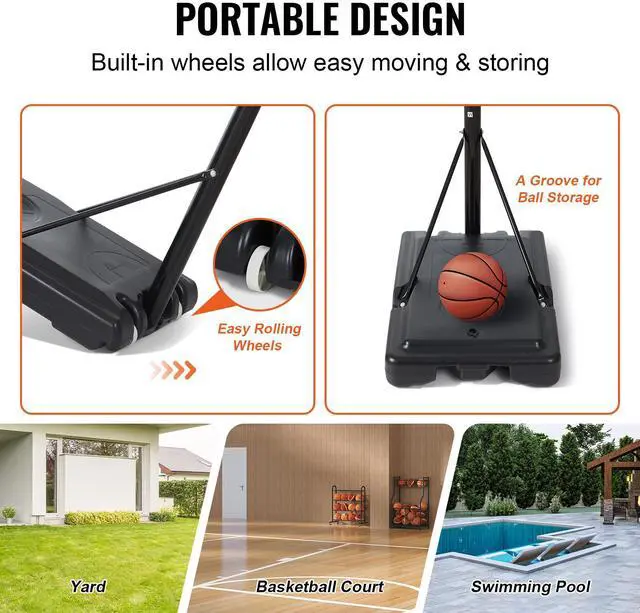 Alt view image 8 of 9 - VEVOR Basketball Hoop, 4-10 ft Adjustable Height Portable Backboard System, 44 inch Basketball Hoop & Goal, Kids & Adults Basketball Set with Wheels, Stand, and Fillable Base, for Outdoor/Indoor
