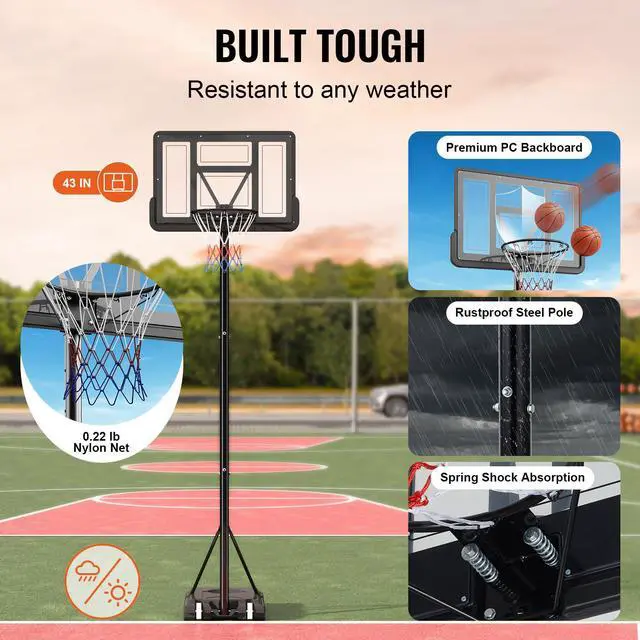 Alt view image 7 of 9 - VEVOR Basketball Hoop, 4-10 ft Adjustable Height Portable Backboard System, 44 inch Basketball Hoop & Goal, Kids & Adults Basketball Set with Wheels, Stand, and Fillable Base, for Outdoor/Indoor