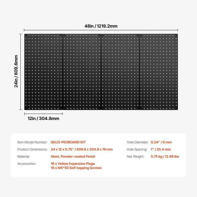 Alt view image 8 of 8 - VEVOR Metal Pegboard Panels, 24" x 12" Pegboard, 4 Panels, Heavy Duty Steel Peg Board Wall Organizer, for Living Room Garage Tool Storage Workbench Office Organization Craft Room Kitchen Home, Black