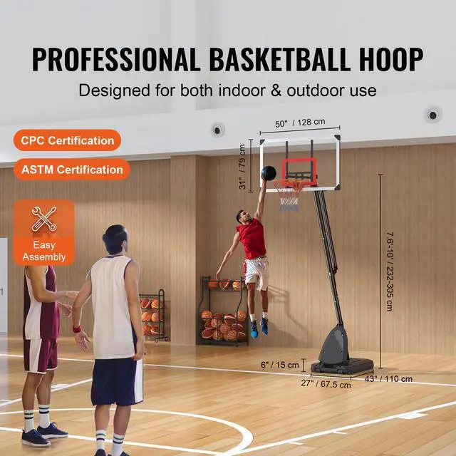 Alt view image 5 of 10 - VEVOR Basketball Hoop, 7.6-10 ft Adjustable Height Portable Backboard System, 50 inch Basketball Hoop & Goal, Kids & Adults Basketball Set with Wheels, Stand, and Fillable Base, for Outdoor/Indoor