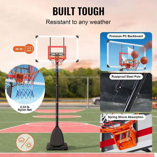 Alt view image 8 of 10 - VEVOR Basketball Hoop, 7.6-10 ft Adjustable Height Portable Backboard System, 50 inch Basketball Hoop & Goal, Kids & Adults Basketball Set with Wheels, Stand, and Fillable Base, for Outdoor/Indoor