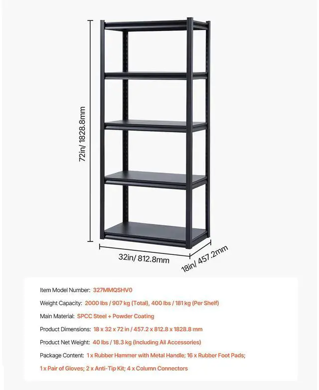 Alt view image 14 of 14 - VEVOR Storage Shelves 18" D x 32" W x 72" H 5-tier Garage Storage Shelving