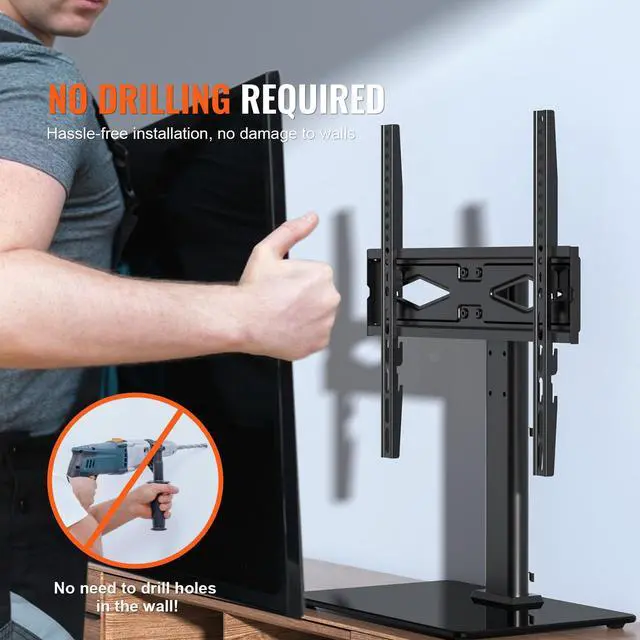 Alt view image 10 of 12 - VEVOR TV Stand Mount, Swivel Universal TV Stand for 32 to 55 inch TVs, Height Adjustable Portable Floor TV Stand with Tempered Glass Base for Bedroom, Living Room