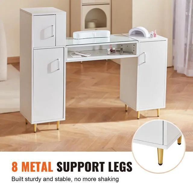 Alt view image 11 of 14 - VEVOR Manicure Table, Glass Top Nail Desk, Makeup Dressing Nail Station with Storage Cabinets, Acetone-Resistant Nail Tech Table for Beauty Salon Spa Workstation with 8 Metal Legs, Wrist Rest, White