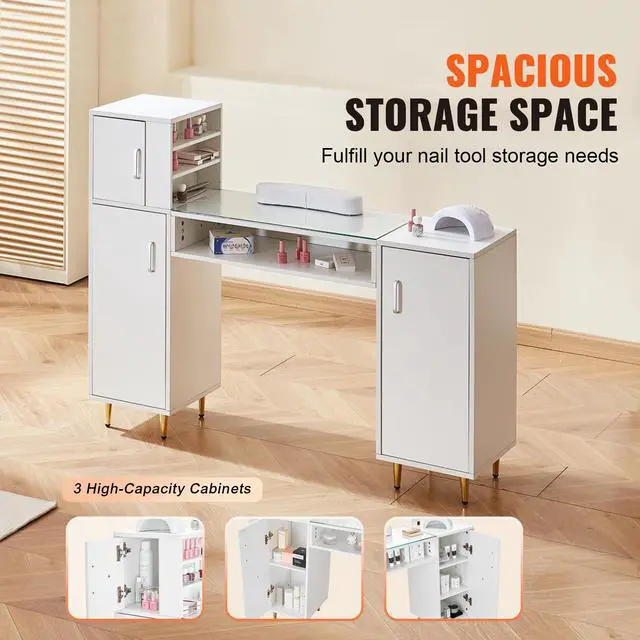 Alt view image 9 of 14 - VEVOR Manicure Table, Glass Top Nail Desk, Makeup Dressing Nail Station with Storage Cabinets, Acetone-Resistant Nail Tech Table for Beauty Salon Spa Workstation with 8 Metal Legs, Wrist Rest, White