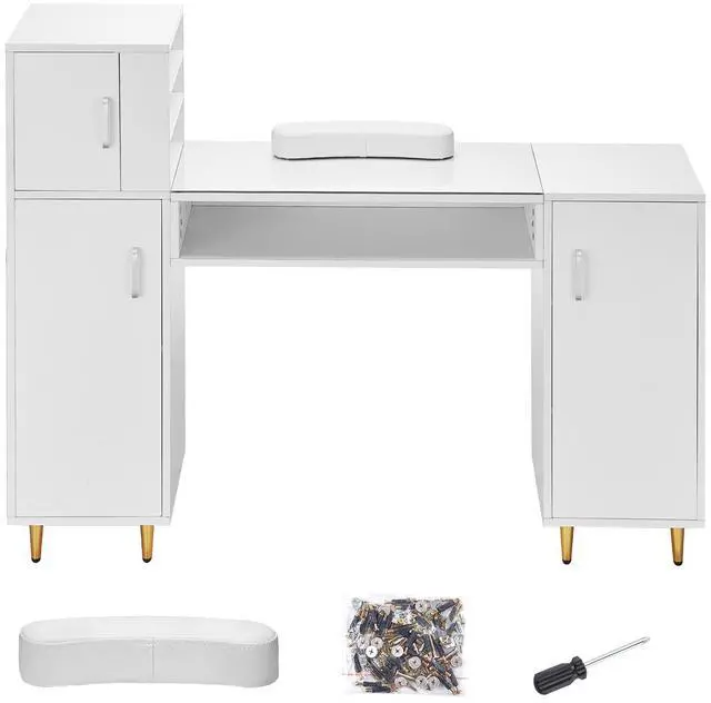 Alt view image 8 of 14 - VEVOR Manicure Table, Glass Top Nail Desk, Makeup Dressing Nail Station with Storage Cabinets, Acetone-Resistant Nail Tech Table for Beauty Salon Spa Workstation with 8 Metal Legs, Wrist Rest, White