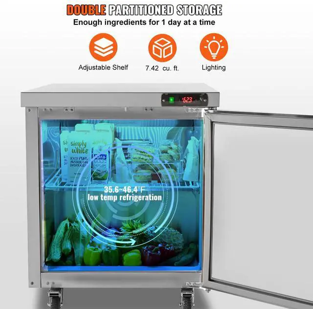 Alt view image 6 of 10 - Vevor Commercial Refrigerator, 28" Undercounter Worktop Refrigerator, 7.4 Cu. Ft Thick Stainless Steel Refrigerated Food Prep Station Fan Cooling Single Door Worktop Fridge With Lock For Bar