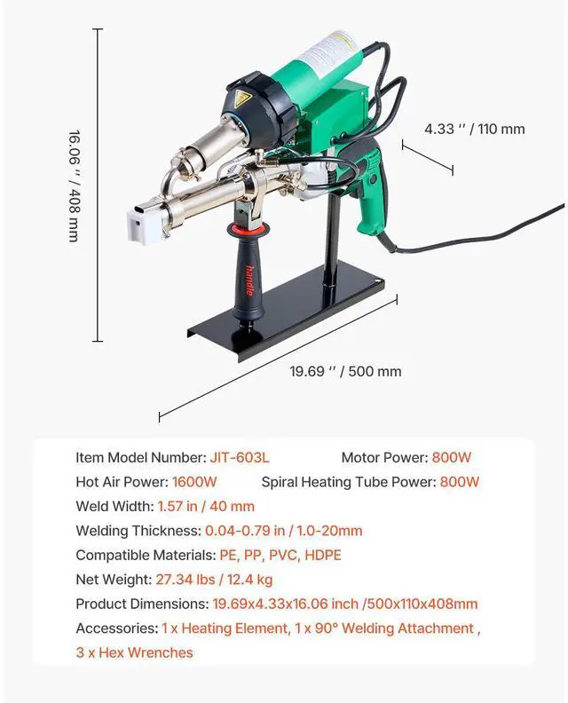 Alt view image 7 of 7 - Handheld Plastic Welding Extruder, 800W Hitachi Motor Extrusion Welding Gun - 0.79 in Weld Width & 360° Nozzle, Dual Heating System PP PE PVC HDPE Extrusion Welder for Membrane Pipe Plate