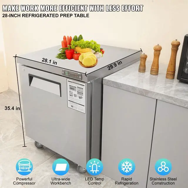 Alt view image 5 of 10 - Vevor Commercial Refrigerator, 28" Undercounter Worktop Refrigerator, 7.4 Cu. Ft Thick Stainless Steel Refrigerated Food Prep Station Fan Cooling Single Door Worktop Fridge With Lock For Bar