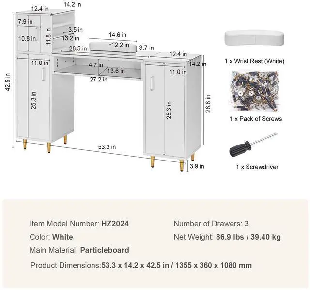 Alt view image 14 of 14 - VEVOR Manicure Table, Glass Top Nail Desk, Makeup Dressing Nail Station with Storage Cabinets, Acetone-Resistant Nail Tech Table for Beauty Salon Spa Workstation with 8 Metal Legs, Wrist Rest, White