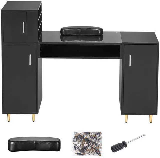 Alt view image 8 of 14 - VEVOR Manicure Table, Glass Top Nail Desk, Makeup Dressing Nail Station with Storage Cabinets, Acetone-Resistant Nail Tech Table for Spa Beauty Salon Workstation with Wrist Rest, 8 Metal Legs, Black