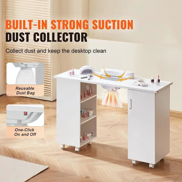 Alt view image 9 of 14 - VEVOR Manicure Table, Nail Table Station with Electric Dust Collector, Moveable Nail Tech Desk with 8 Wheels (4 Lockable), 3 Dust Bag & Wrist Rest, MDF Nail Art Workstation for Spa Beauty Salon, White