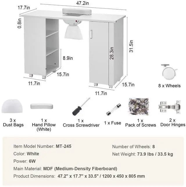 Alt view image 14 of 14 - VEVOR Manicure Table, Nail Table Station with Electric Dust Collector, Moveable Nail Tech Desk with 8 Wheels (4 Lockable), 3 Dust Bag & Wrist Rest, MDF Nail Art Workstation for Spa Beauty Salon, White
