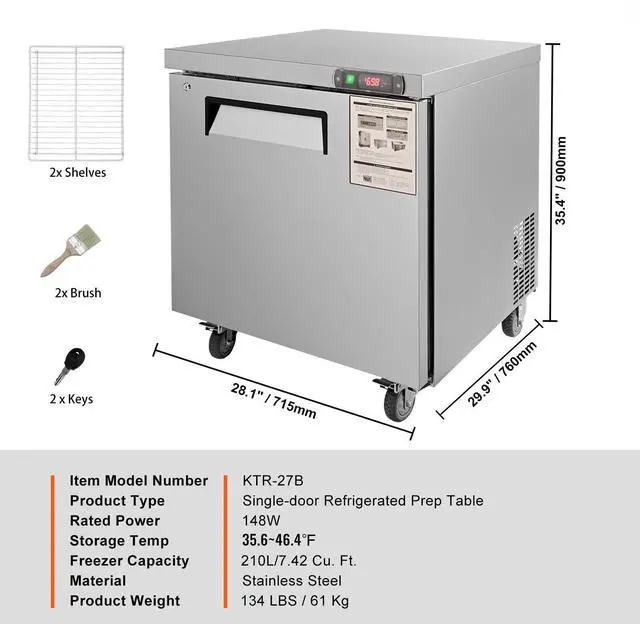 Alt view image 10 of 10 - Vevor Commercial Refrigerator, 28" Undercounter Worktop Refrigerator, 7.4 Cu. Ft Thick Stainless Steel Refrigerated Food Prep Station Fan Cooling Single Door Worktop Fridge With Lock For Bar