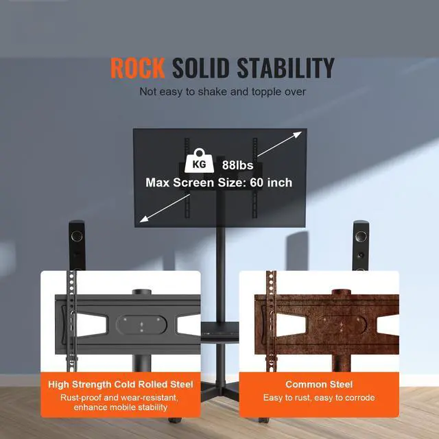 Alt view image 9 of 14 - VEVOR Mobile TV Stand, Mobile TV Cart for 23 to 60 inch TVs, Height Adjustable Portable TV Stand with Wheels, with A Tray for Audio-Visual Devices, Rolling TV Stand with Mount for Bedroom, Living Room