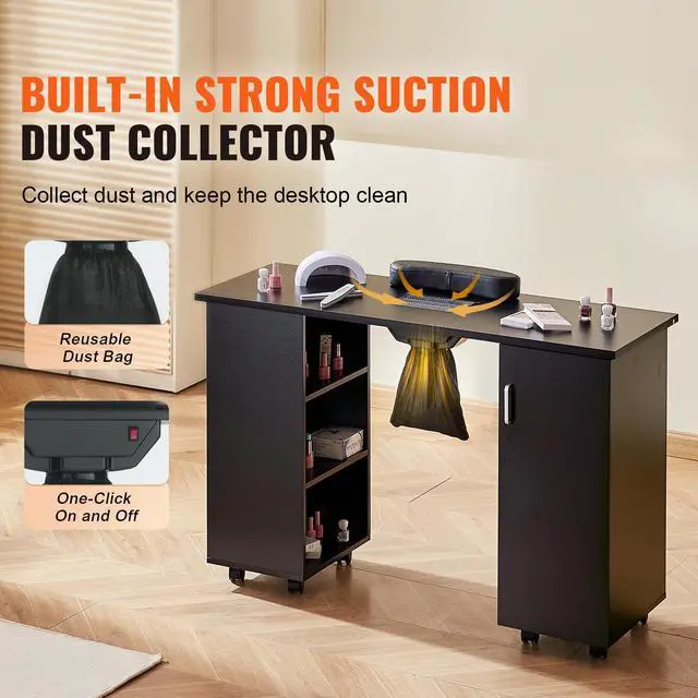 Alt view image 9 of 14 - VEVOR Manicure Table, Nail Table Station with Electric Dust Collector, Moveable Nail Tech Desk with 8 Wheels (4 Lockable), 3 Dust Bag & Wrist Rest, MDF Nail Art Workstation for Spa Beauty Salon, Black