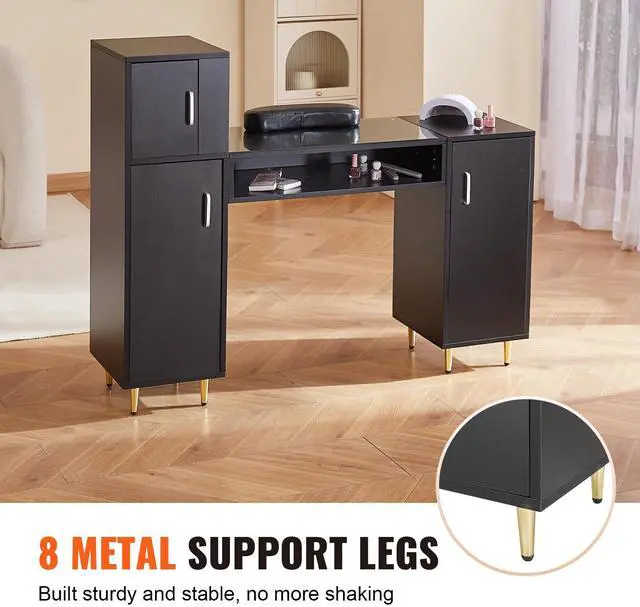 Alt view image 11 of 14 - VEVOR Manicure Table, Glass Top Nail Desk, Makeup Dressing Nail Station with Storage Cabinets, Acetone-Resistant Nail Tech Table for Spa Beauty Salon Workstation with Wrist Rest, 8 Metal Legs, Black