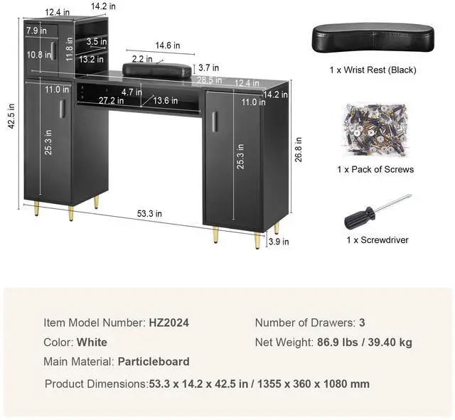 Alt view image 14 of 14 - VEVOR Manicure Table, Glass Top Nail Desk, Makeup Dressing Nail Station with Storage Cabinets, Acetone-Resistant Nail Tech Table for Spa Beauty Salon Workstation with Wrist Rest, 8 Metal Legs, Black