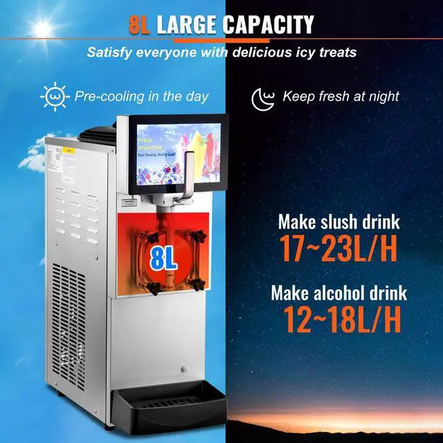 Alt view image 5 of 9 - VEVOR Commercial Slushy Machine, 8L / 2.1 Gal Single Bowl, Cool and Freeze Modes, 1050W Stainless Steel Margarita Smoothie Frozen Drink Maker, Slushie Machine for Party Cafes Restaurants Bars Home