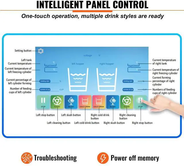 Alt view image 8 of 9 - VEVOR Commercial Slushy Machine, 8L / 2.1 Gal Double Bowl Margarita Machine, 1155W Stainless Steel Margarita Smoothie Frozen Drink Maker, Slushie Machine for Party Cafes Restaurants Bars Home