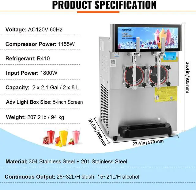 Alt view image 9 of 9 - VEVOR Commercial Slushy Machine, 8L / 2.1 Gal Double Bowl Margarita Machine, 1155W Stainless Steel Margarita Smoothie Frozen Drink Maker, Slushie Machine for Party Cafes Restaurants Bars Home