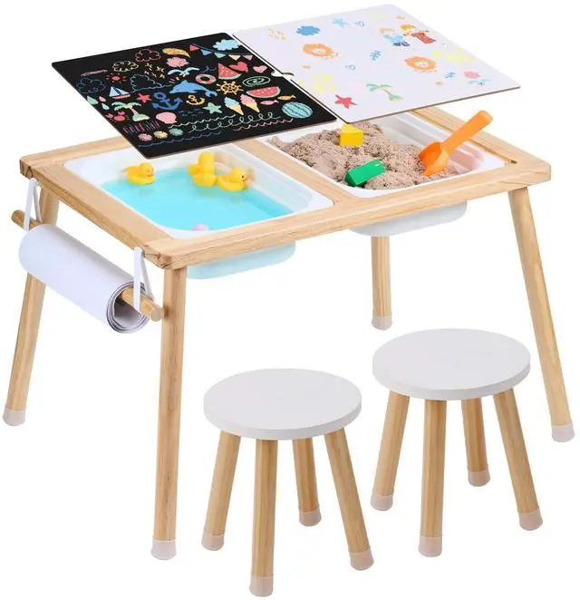 Alt view image 8 of 14 - VEVOR Sensory Table and Chairs Set, Toddlers Activity Table with 2 Stools, 2 Storage Bins & Paper Roll Holder, Indoor/Outdoor Play Sand and Water Table, Wooden Kids Sensory Table - Gift for Boys Girls
