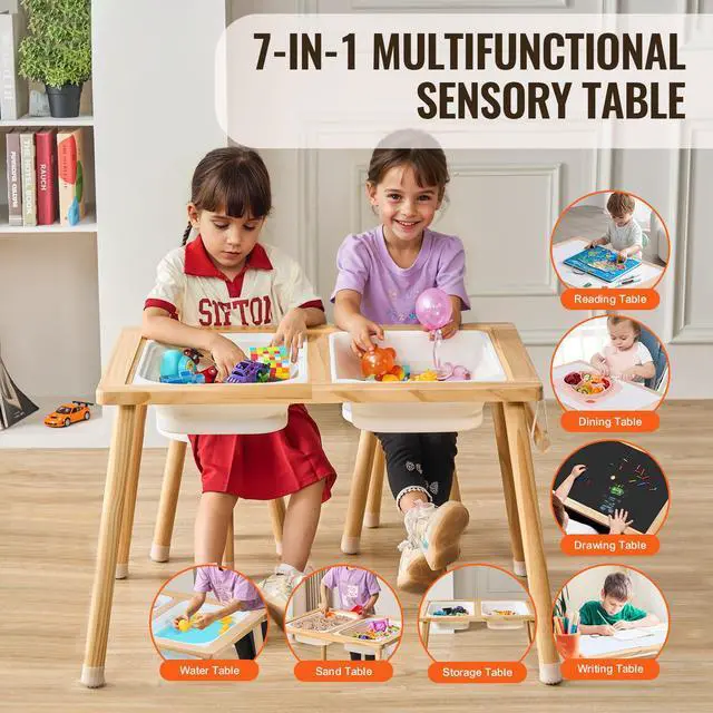 Alt view image 9 of 14 - VEVOR Sensory Table and Chairs Set, Toddlers Activity Table with 2 Stools, 2 Storage Bins & Paper Roll Holder, Indoor/Outdoor Play Sand and Water Table, Wooden Kids Sensory Table - Gift for Boys Girls