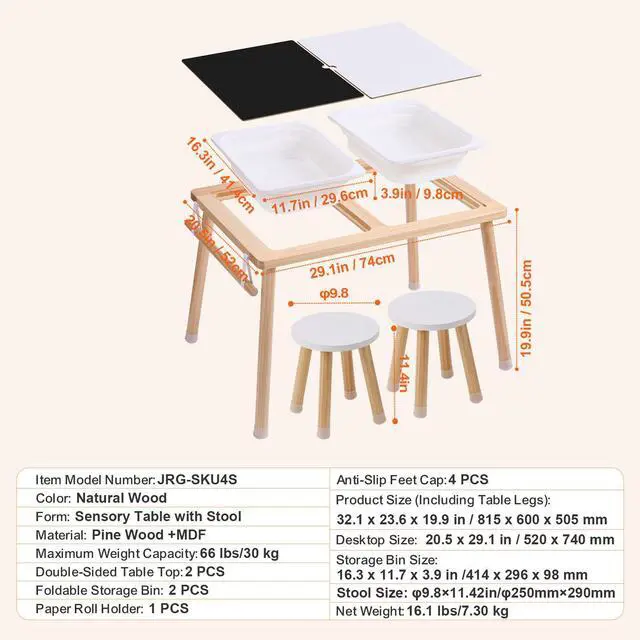 Alt view image 14 of 14 - VEVOR Sensory Table and Chairs Set, Toddlers Activity Table with 2 Stools, 2 Storage Bins & Paper Roll Holder, Indoor/Outdoor Play Sand and Water Table, Wooden Kids Sensory Table - Gift for Boys Girls