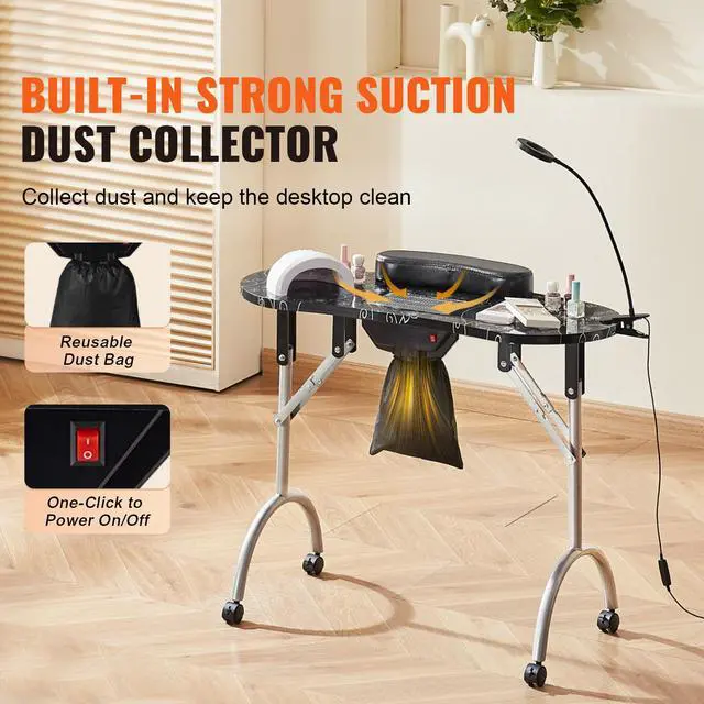 Alt view image 9 of 14 - VEVOR Portable Manicure Table, Foldable Nail Table with Electric Dust Collector, Moveable Nail Tech Desk & 4 Wheels, 3 Dust Bags, Bendable LED Lamp, MDF Nail Art Workstation for Home Spa Beauty Salon