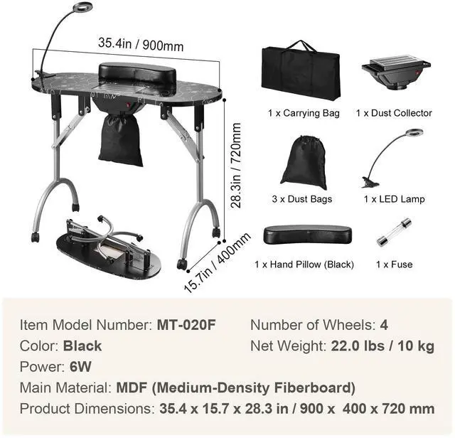 Alt view image 14 of 14 - VEVOR Portable Manicure Table, Foldable Nail Table with Electric Dust Collector, Moveable Nail Tech Desk & 4 Wheels, 3 Dust Bags, Bendable LED Lamp, MDF Nail Art Workstation for Home Spa Beauty Salon