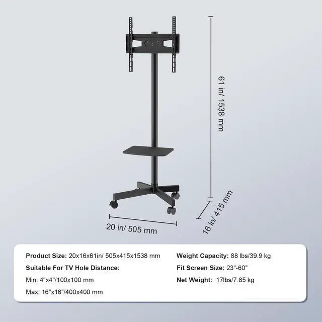 Alt view image 14 of 14 - VEVOR Mobile TV Stand, Mobile TV Cart for 23 to 60 inch TVs, Height Adjustable Portable TV Stand with Wheels, with A Tray for Audio-Visual Devices, Rolling TV Stand with Mount for Bedroom, Living Room