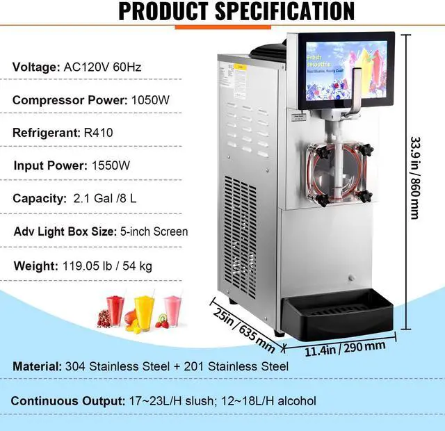 Alt view image 9 of 9 - VEVOR Commercial Slushy Machine, 8L / 2.1 Gal Single Bowl, Cool and Freeze Modes, 1050W Stainless Steel Margarita Smoothie Frozen Drink Maker, Slushie Machine for Party Cafes Restaurants Bars Home