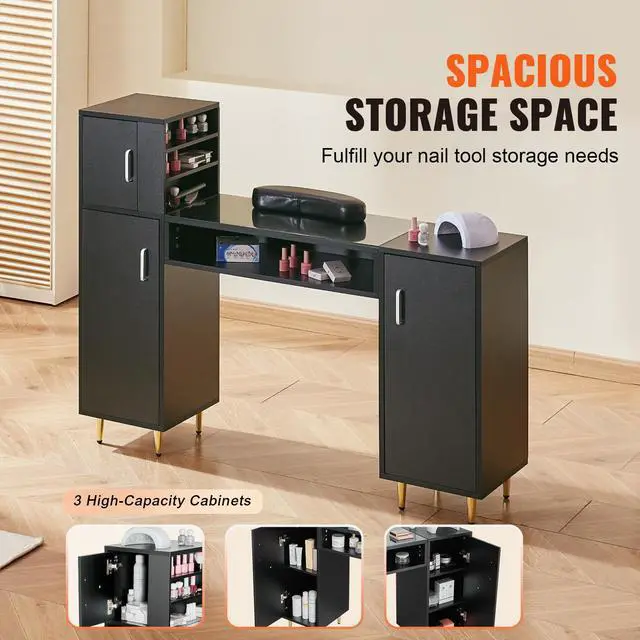 Alt view image 9 of 14 - VEVOR Manicure Table, Glass Top Nail Desk, Makeup Dressing Nail Station with Storage Cabinets, Acetone-Resistant Nail Tech Table for Spa Beauty Salon Workstation with Wrist Rest, 8 Metal Legs, Black