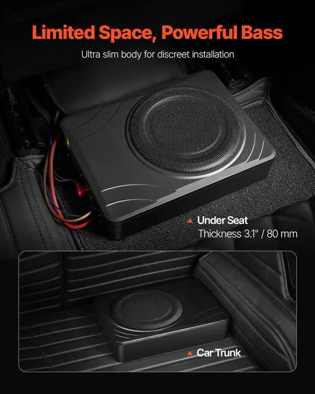 Alt view image 3 of 8 - VEVOR 8" 300W Underseat Car Subwoofer, Slim Powered Car Subwoofers Under the Seat, Low Profile Audio Sub Built-in Amplifier, High/Low Level Input & Volume Controller for SUVs, Car, Truck, RV