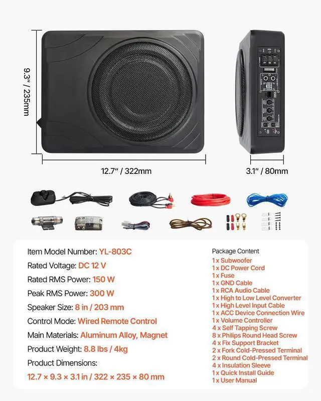 Alt view image 8 of 8 - VEVOR 8" 300W Underseat Car Subwoofer, Slim Powered Car Subwoofers Under the Seat, Low Profile Audio Sub Built-in Amplifier, High/Low Level Input & Volume Controller for SUVs, Car, Truck, RV