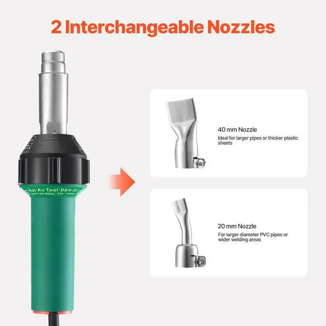 Alt view image 4 of 8 - VEVOR Hot Air Plastic Welder, 1600W Hot Air Torch Pistol, 122-1112 PVC TPO Vinyl Heat Gun Welding Torch, Plastic Welding Roofing Kit with 2 Nozzles, Silicone & Copper Seam Roller for PP/PE/PVC Sheet