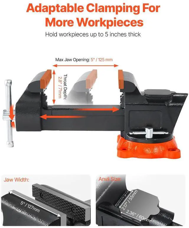Alt view image 4 of 8 - VEVOR Bench Vise, 5" Jaw Width, 5" Max Jaw Opening Multipurpose Vise with 360° Swivel Locking Base, 2.8" Throat Depth, Heavy Duty Ductile Iron Workbench Vise with Anvil, for Clamping Round Pipes