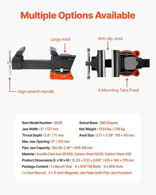 Alt view image 8 of 8 - VEVOR Bench Vise, 5" Jaw Width, 5" Max Jaw Opening Multipurpose Vise with 360° Swivel Locking Base, 2.8" Throat Depth, Heavy Duty Ductile Iron Workbench Vise with Anvil, for Clamping Round Pipes