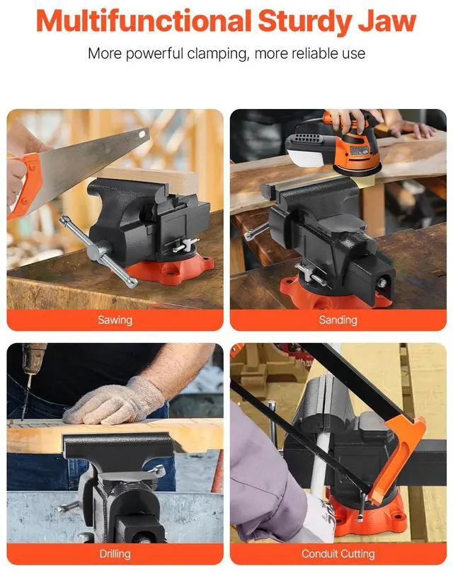 Alt view image 7 of 8 - VEVOR Bench Vise, 5" Jaw Width, 5" Max Jaw Opening Multipurpose Vise with 360° Swivel Locking Base, 2.8" Throat Depth, Heavy Duty Ductile Iron Workbench Vise with Anvil, for Clamping Round Pipes