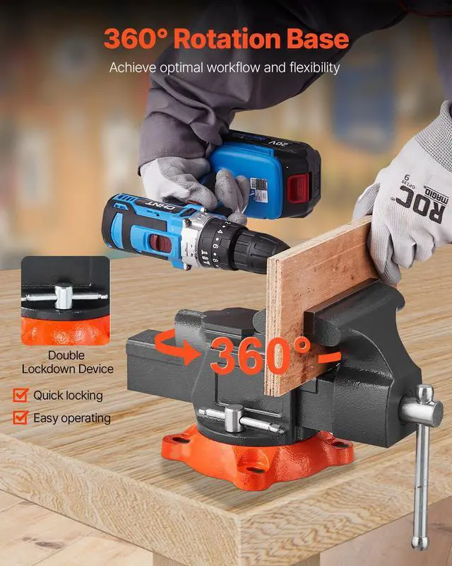 Alt view image 6 of 8 - VEVOR Bench Vise, 5" Jaw Width, 5" Max Jaw Opening Multipurpose Vise with 360° Swivel Locking Base, 2.8" Throat Depth, Heavy Duty Ductile Iron Workbench Vise with Anvil, for Clamping Round Pipes