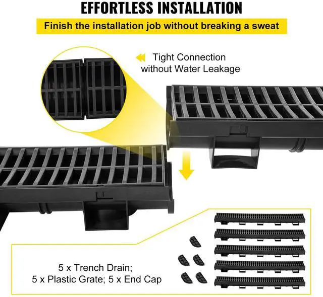 Alt view image 3 of 7 - Trench Drain System, Channel Drain with Plastic Grate, 5.7x3.1-Inch HDPE Drainage Trench, Black Plastic Garage Floor Drain, 5x39 Trench Drain Grate, with 5 End Caps, for Garden, Driveway-5 Pack